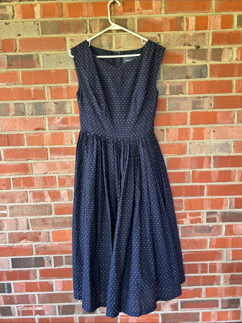 ModCloth Navy Polka Dot Sleeveless Midi Swing Dress lined w pockets